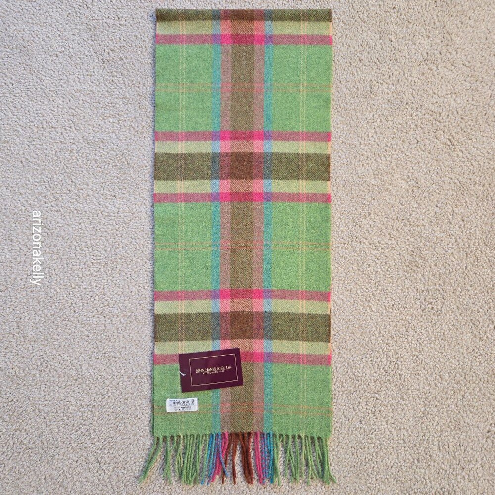 NWT John Hanly Ireland Lambswool Scarf Green & Pink Plaid - Picture 8 of 9